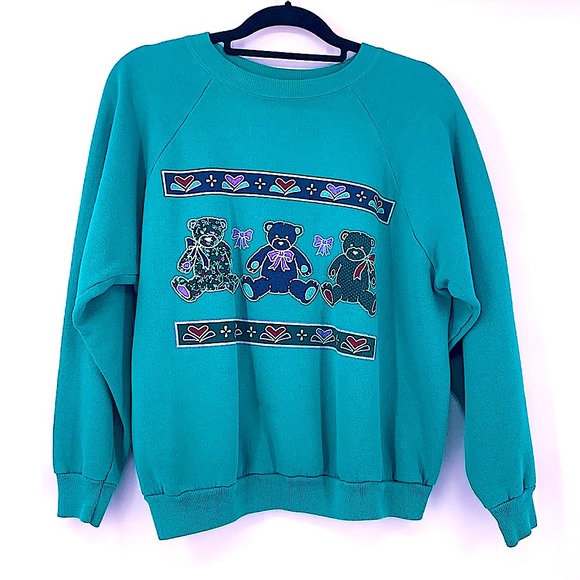 Vintage Sweaters - Vintage green teddy bear sweatshirt size large